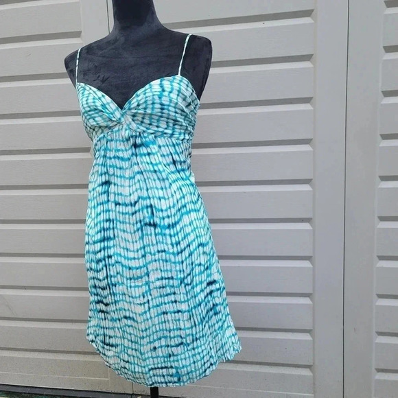 Ann Taylor 100% Silk Blue & White Turquoise Spaghetti Strap Dress Size 6 - Picture 11 of 11